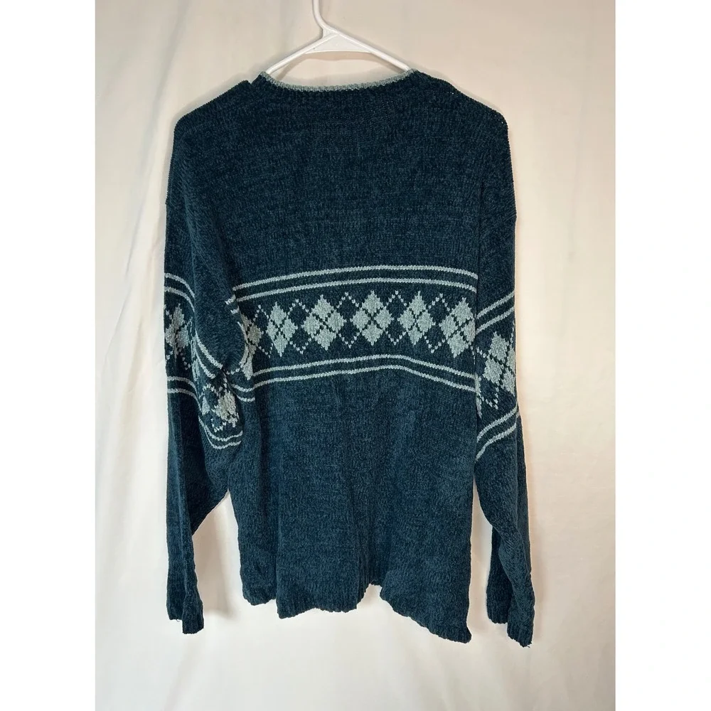 Xtremegear Mens Teal Chenille Argyle V-Neck Sweater Vintage Style Knit Nordic L